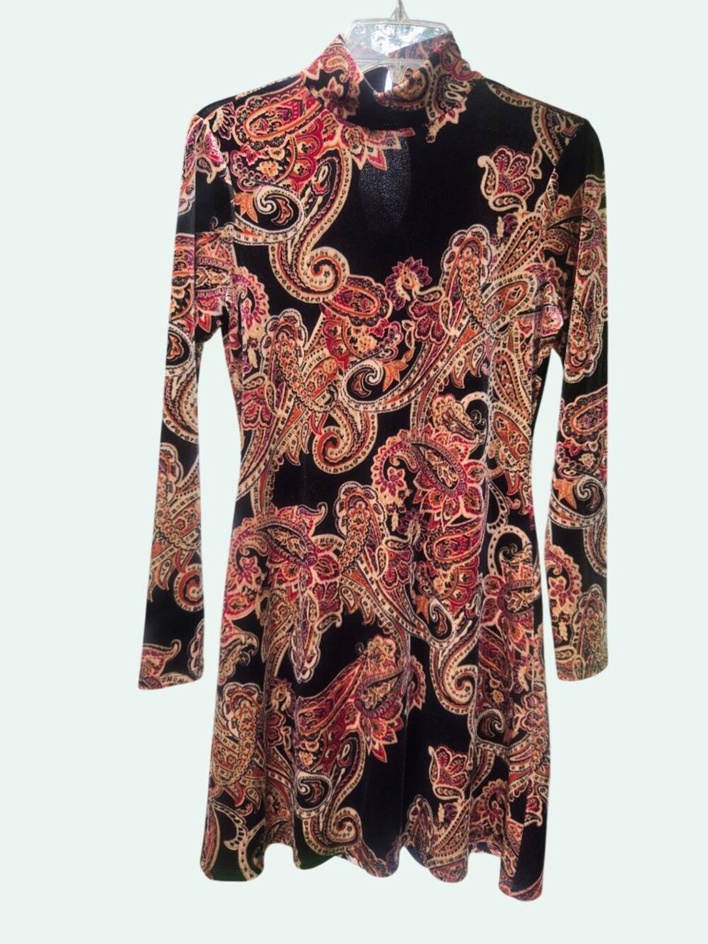 Bebop Velvet Paisley Long Sleeve Mock Neck Mini Dress  70s  Bohemian Hippie - Picture 3 of 11